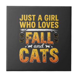 Fall Cats Girl Halloween Design_1 Ceramic Tile