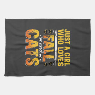 Fall Cats Girl Halloween Design_1 Tea Towel