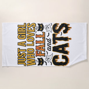 Fall Cats Halloween Girl Vintage Graphic Design_1 Beach Towel