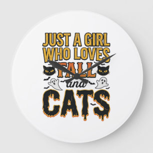 Fall Cats Halloween Girl Vintage Graphic Design_1 Large Clock