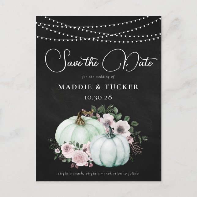 Fall Chalk Pumpkins String Lights Save the Date  Announcement Postcard (Front)