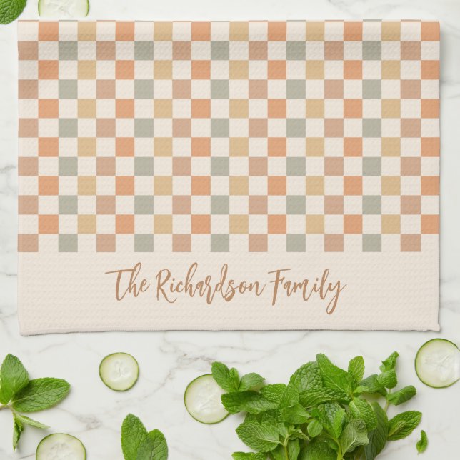 Fall Chequered Pattern Autumn Plaid Custom Name Tea Towel (Folded)