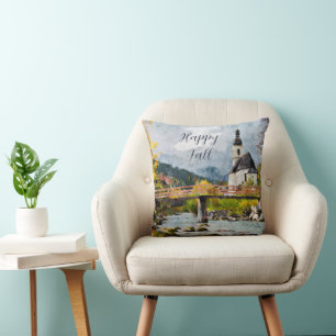 Fall church and trees with customisable text cushion