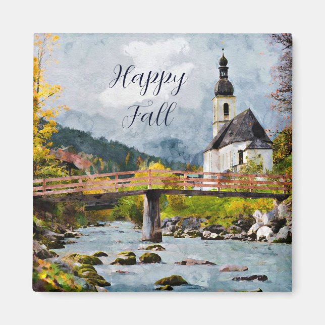 Fall church and trees with customisable text  magnet (Front)