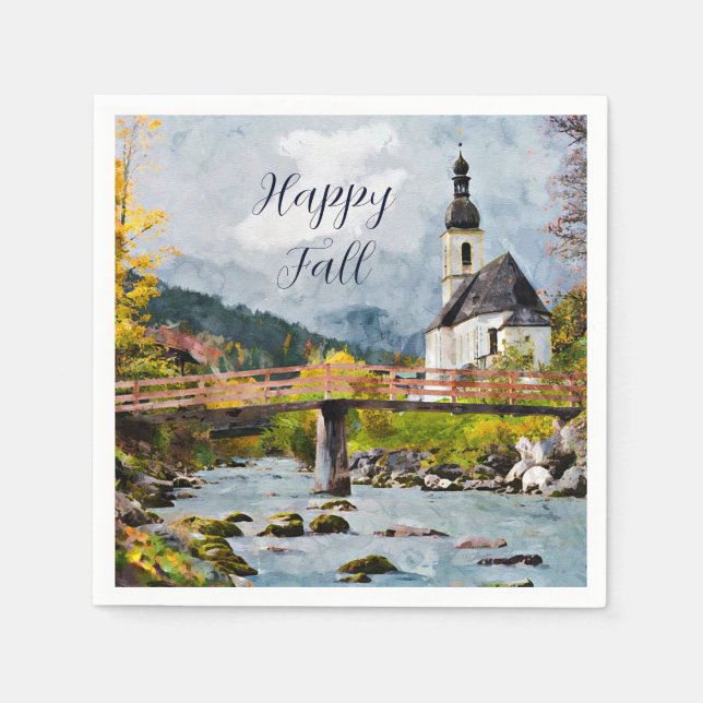 Fall church and trees with customisable text  napkin (Front)