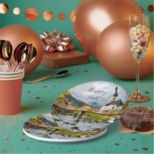Fall church and trees with customisable text paper plate