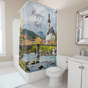 Fall church and trees with customisable text shower curtain
