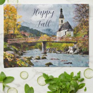 Fall church and trees with customisable text tea towel