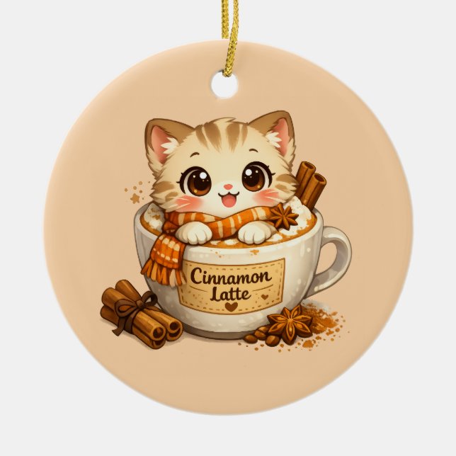 Fall Cinnamon Latte Kitty Ceramic Ornament (Front)