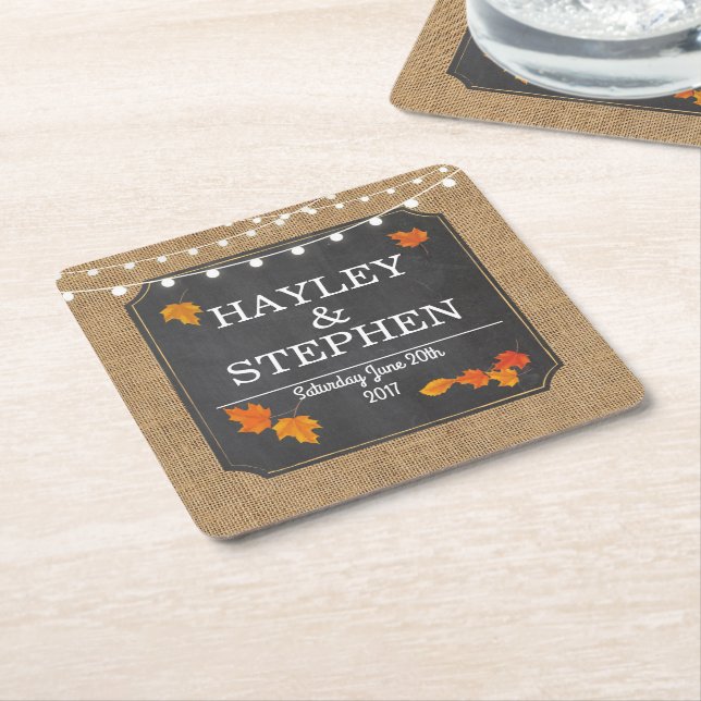 Fall Coasters Rustic Chalk Lights Wedding Party (Angled)