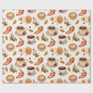 Fall Coffee and Pie Pattern with Leaves in Warm Wrapping Paper