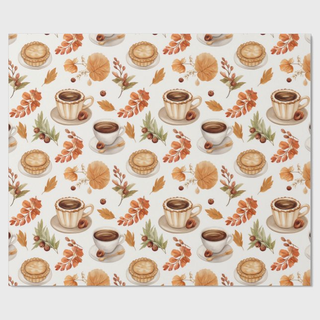 Fall Coffee and Pie Pattern with Leaves in Warm Wrapping Paper (Flat)