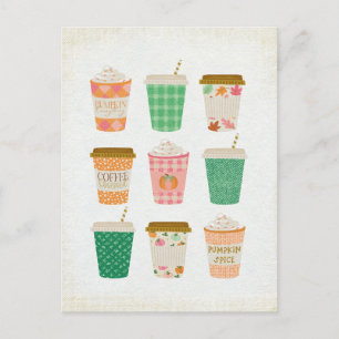 Fall Coffee Cups   Autumn Pumpkin Spice Latte  Postcard