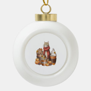 Fall Coffee pumpkin Mug with cat Ceramic Ball Christmas Ornament