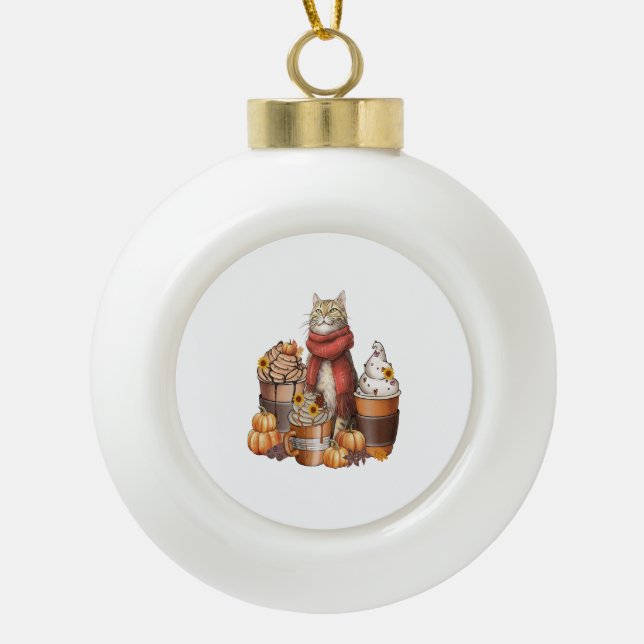 Fall Coffee pumpkin Mug with cat Ceramic Ball Christmas Ornament (Front)