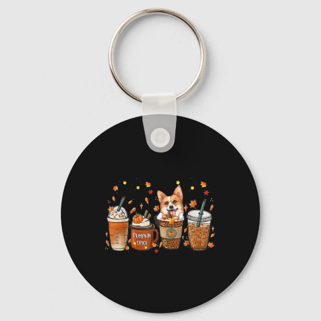 Fall Coffee Pumpkin Spice Latte Iced Autumn Corgi  Key Ring (Front)