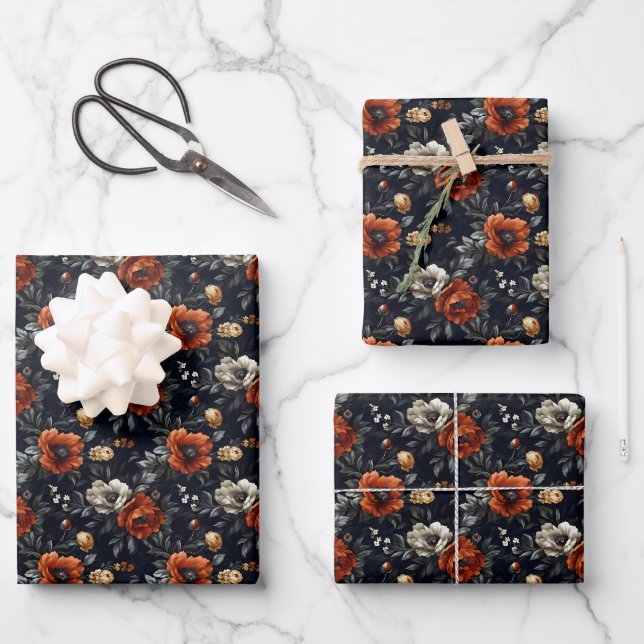 Fall Coloured Peonies on Black Wrapping Paper Sheet (Front)