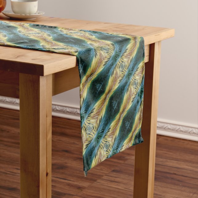 Fall Colourful Abstract Leaf Art Green Yellow Brow Long Table Runner (In Situ)