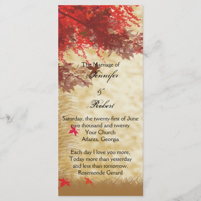 Fall Colours: Burgundy and Red Wedding Program (Front)