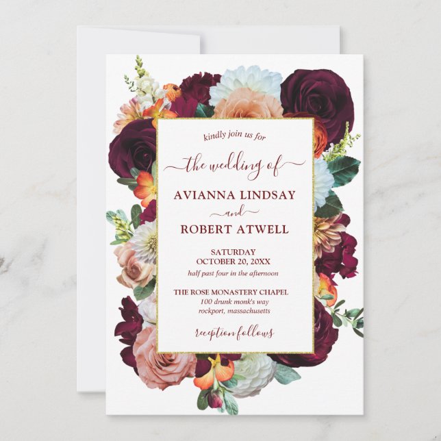 Fall Colours Burgundy Orange Pink Floral Wedding Invitation (Front)