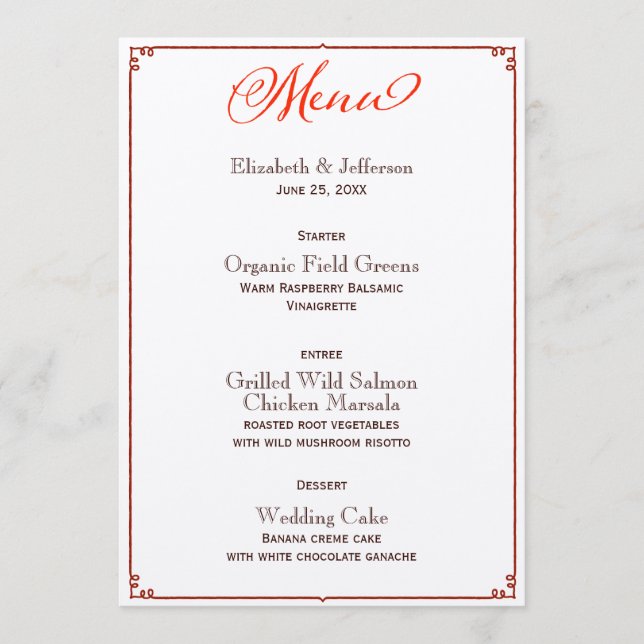 Fall Colours Calligraphy Script Wedding Menu Card (Front)