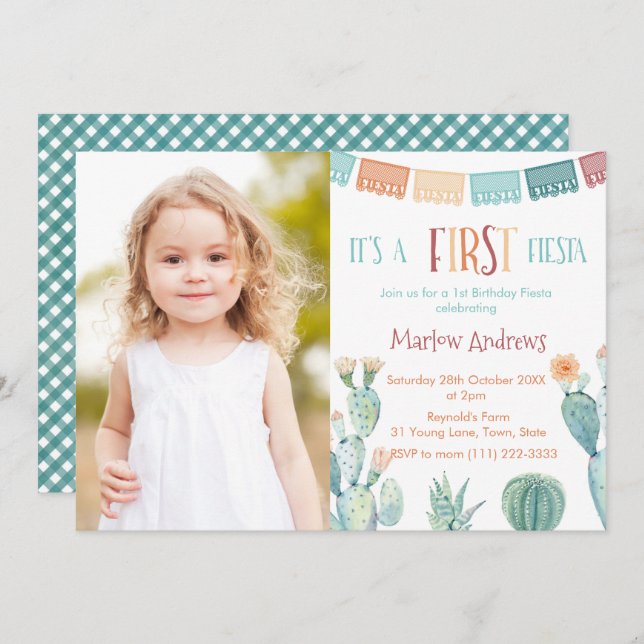 Fall Colours FIRST Fiesta 1st Birthday Party Photo Invitation (Front/Back)