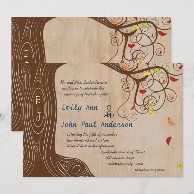 Fall Colours Forest Initials in Tree Wedding Invit Invitation (Front/Back)