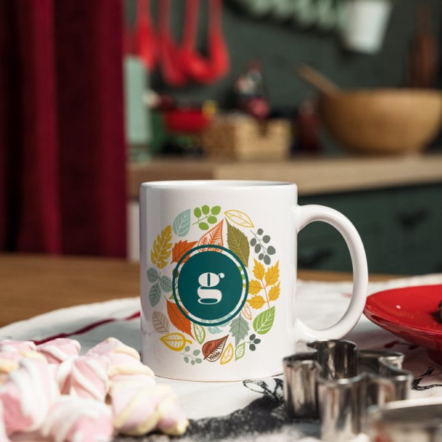 Fall Colours Leafs Circle, Custom Monogram Mug (Creator Uploaded)