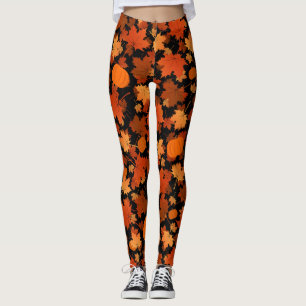 Fall colours maple leaves and pumpkins pattern leggings
