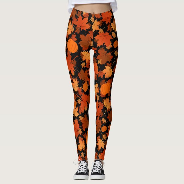 Fall colours maple leaves and pumpkins pattern leggings (Front)