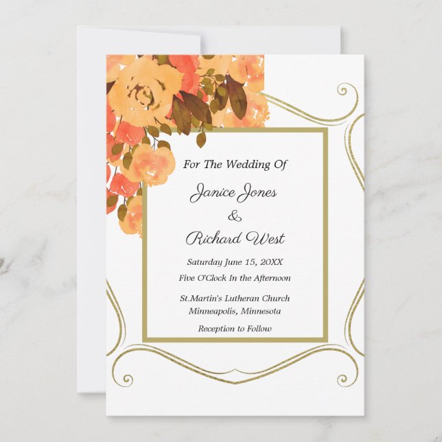 Fall Colours Peach Gold Floral Frame Wedding Invitation (Front)