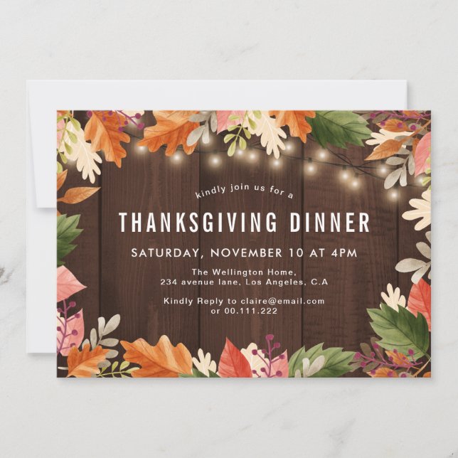Fall colours rustic wood thanksgiving dinner invitation (Front)