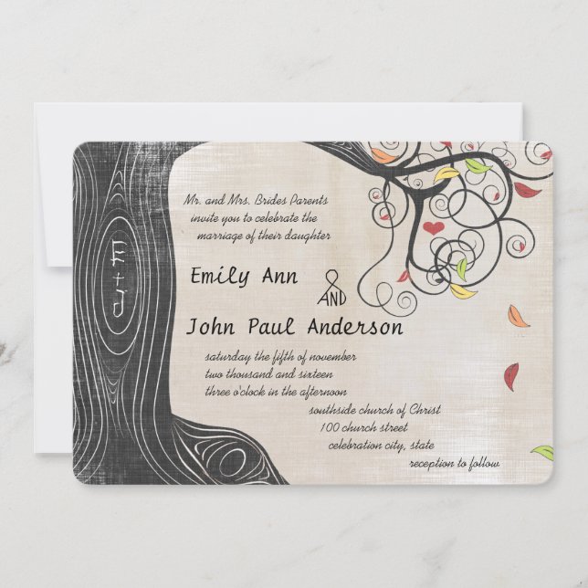 Fall Colours Tree Linen Texture Paper Wedding Invitation (Front)