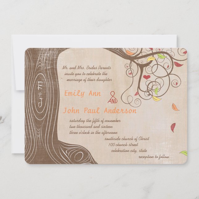 Fall Colours Tree on Brown Paper Wedding Invite (Front)