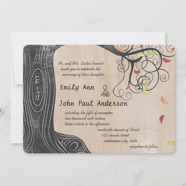Fall Colours Tree on Brown Paper Wedding Invite (Front)