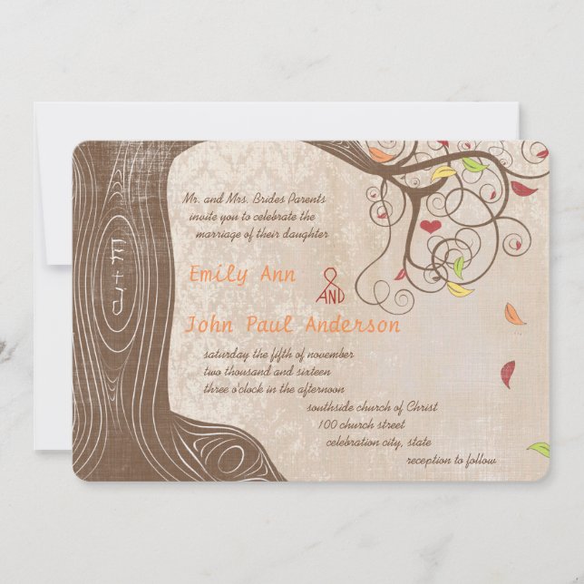 Fall Colours Tree on Vintage Damask Wedding Invite (Front)