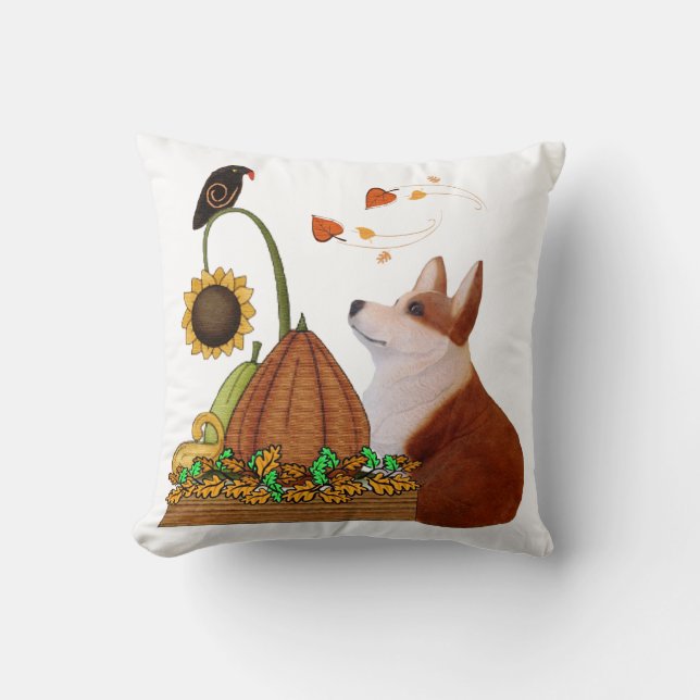 Fall Corgi with pumpkin and bird Throw Pillow (Front)