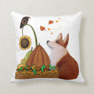 Fall Corgi with pumpkin and bird Throw Pillow