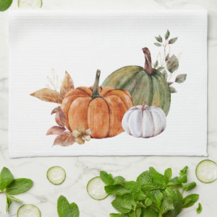 Fall Cottage Orange Green Pumpkins Tea Towel