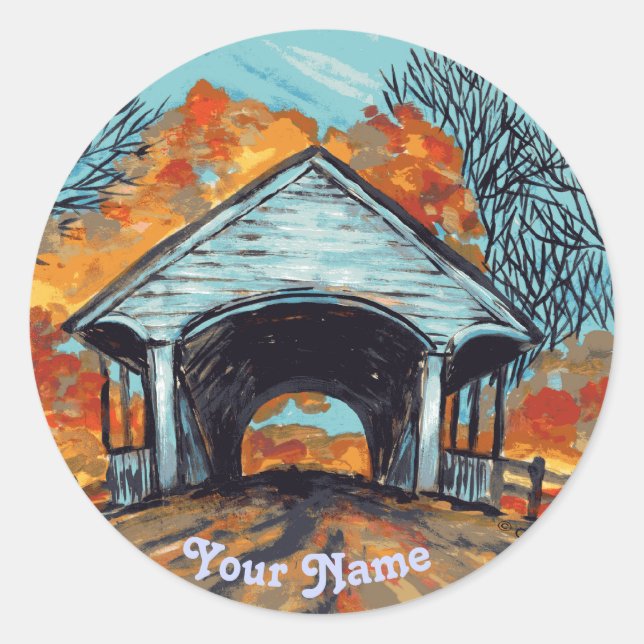 Fall Covered Bridge  round sticker (Front)
