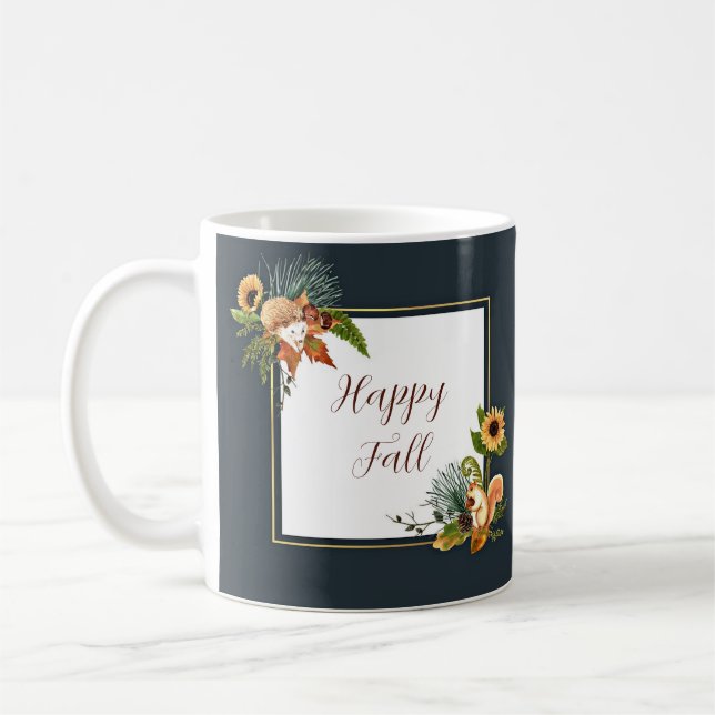 Fall critters and nature with customisable text coffee mug (Left)