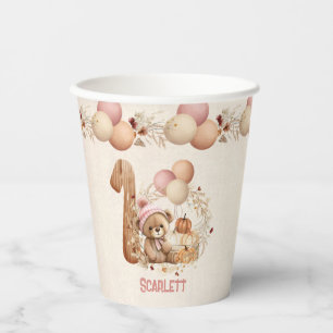 Fall Cute Bear Beary 1st Birthday Girl Paper Cups
