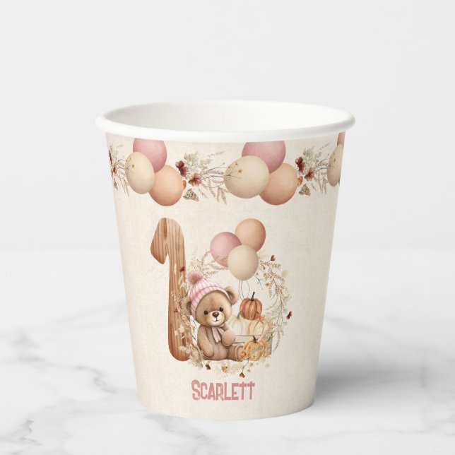 Fall Cute Bear Beary 1st Birthday Girl Paper Cups (Front)