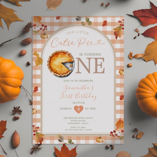 Fall Cutie Pie Rustic Orange Gingham 1st Birthday Invitation (Creator Uploaded)