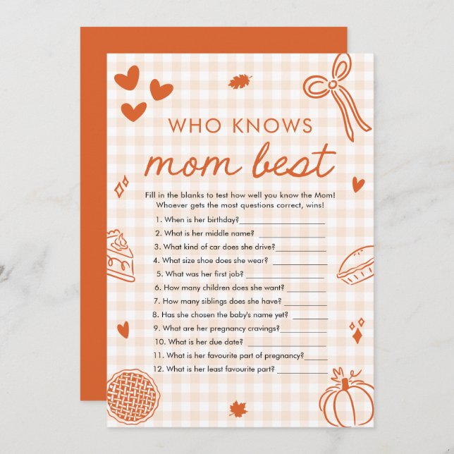 Fall Cutie Pie Who Knows Mum Best Baby Shower Game Invitation (Front/Back)
