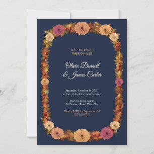 Fall Dahlia and Wheat Wreath Navy Wedding Invitation