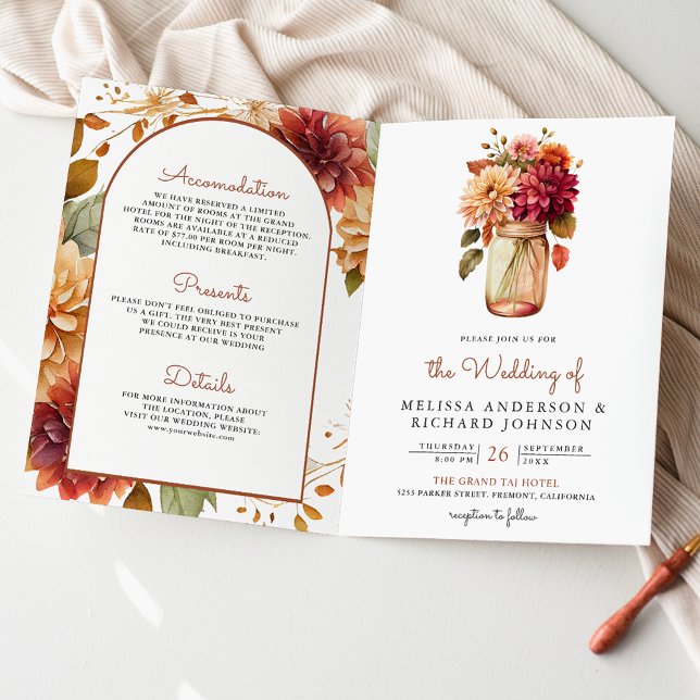 Fall Dahlia Floral Mason Jar QR Code Wedding Invitation (Creator Uploaded)