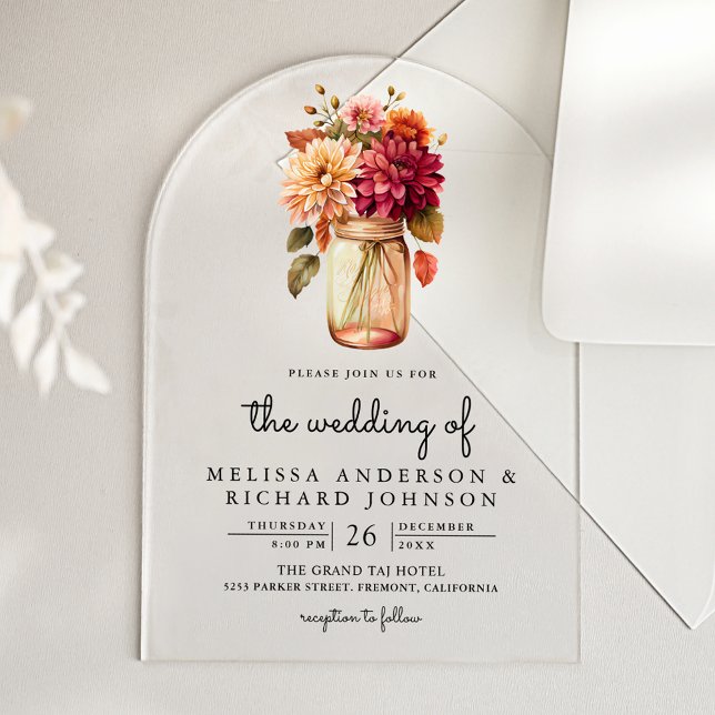 Fall Dahlia Floral Mason Jar Wedding Acrylic Invitations (Creator Uploaded)