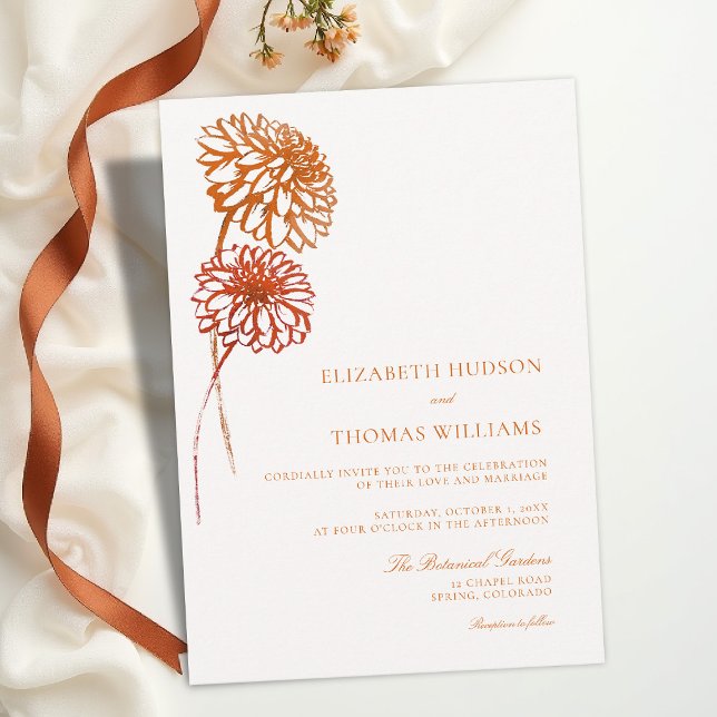 Fall Dahlias Burnt Copper Sketch Modern Wedding Invitation (fall wedding invitation floral sketch burnt copper terracotta brown aesthetic template card modern)