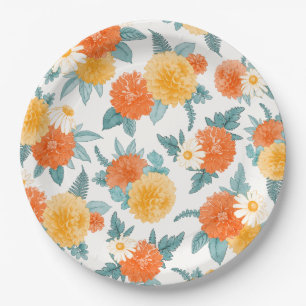 Fall Dahlias Floral Watercolor Pattern Paper Plate